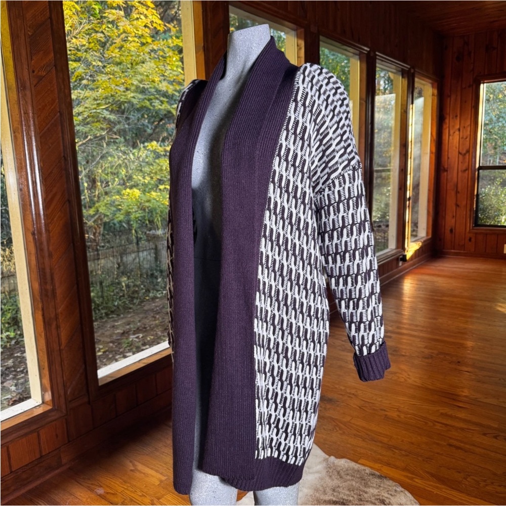 Liz Claiborne Knit Sweater Cardigan Open Front Women's XL Long Cream Purple EUC